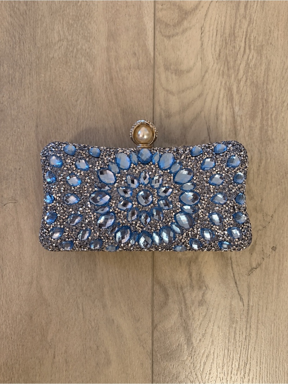 Blue Rhinestone Crystal Evening Clutch Pearl Clasp Chain Strap